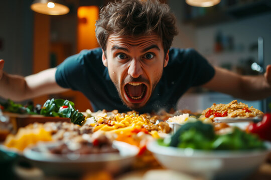 Caucasian man in dark t-shirt yelling with wide open mouth over a table full of food, expressing extreme hunger and frustration - Powered by Adobe