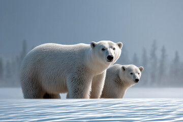 Naklejka premium Polar bear cub snow winter arctic wildlife animal white cold nature standing outdoors mammal ice family fur environment predator carnivore