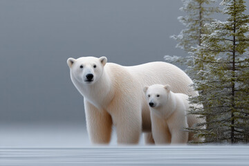 Naklejka premium Polar bear cub winter snow arctic wildlife nature frosty forest cold standing together in snowy landscape with frosted trees serene and peaceful