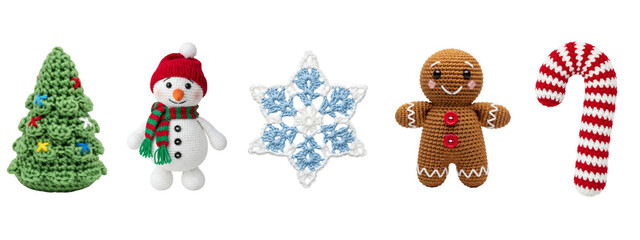 Collection of five crocheted christmas ornaments including a tree, snowman, snowflake, gingerbread man, and candy cane isolated on transparent background