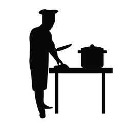 Silhouette of a Cook Preparing a Dish in the Kitchen. People and activities at work, culinary and food vector art