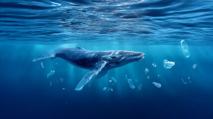 Fototapeta premium A whale swims in the ocean with plastic against the background of an ecological catastrophe. Concept of pollution of nature and the environment. 