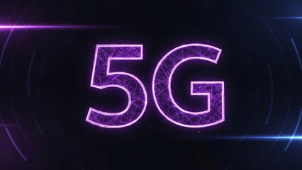 Glowing 5G network symbol with polygonal mesh and digital light effects on a dark background for telecommunication and global connectivity concept.