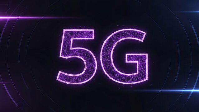 Glowing 5G network symbol with polygonal mesh and digital light effects on a dark background for telecommunication and global connectivity concept.
