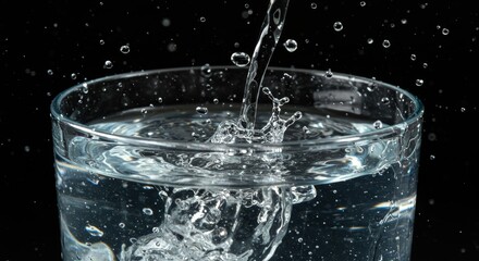 Water Pouring Into Glass - Clear liquid fills a glass with splashes against a black background, creating a refreshing and dynamic visual