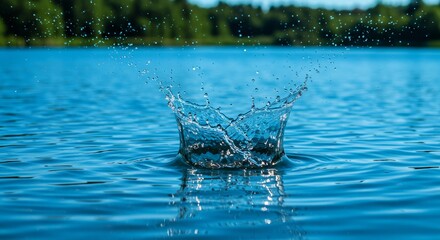Water Splash in a Lake - A splash of water creates a crown as it hits the surface of a calm lake surrounded by green trees