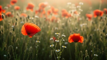 Fototapeta premium Beautiful nature photograph of a field of red poppies bathed in warm, hazy sunlight and golden glow.