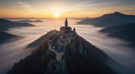 Majestic castle perched atop a misty mountain range at sunrise