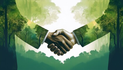 a double exposure image depicting a handshake overlaid with a lush green forest symbolizing the union between business and nature in promoting sustainable practices