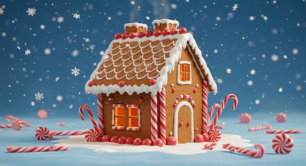 Whimsical Gingerbread House Holiday Scene - A festive gingerbread house adorned with candy stands on a blue backdrop, symbolizing joy, warmth, tradition, sweetness, and celebration