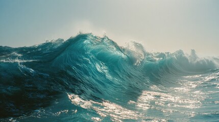 Close Up View of Ocean Wave Breaking in Bright Sunlight Displaying Turquoise Water and Foam
