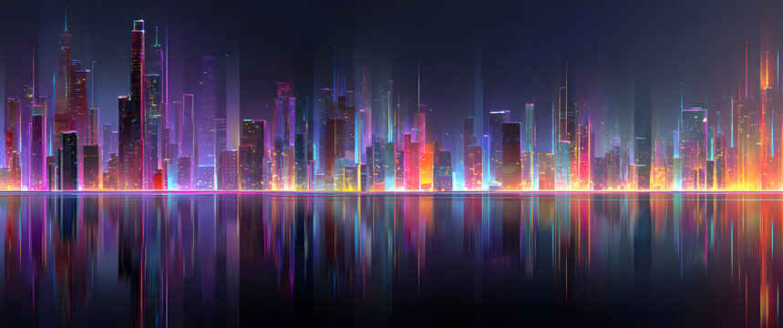 Vector illustration urban architecture, cityscape with space and neon light effect. Modern hi-tech, science, futuristic technology concept. Abstract digital high tech city design for banner background - Powered by Adobe