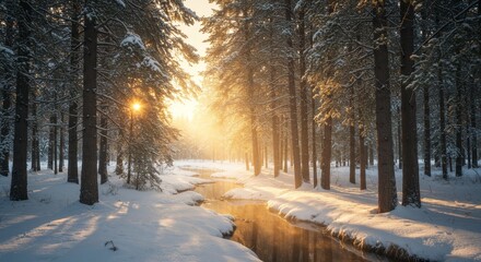 Winter Forest Stream at Sunrise - A serene winter forest scene with a stream flowing through snow covered banks, illuminated by the golden light of sunrise