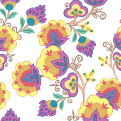 Traditional culture garden oriental yellow abstract retro flower watercolor repeat  hand drawn
