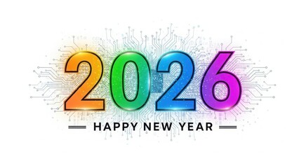 Vibrant and colorful 2026 happy new year text with a festive abstract background celebrating the upcoming year with bright bold numerals