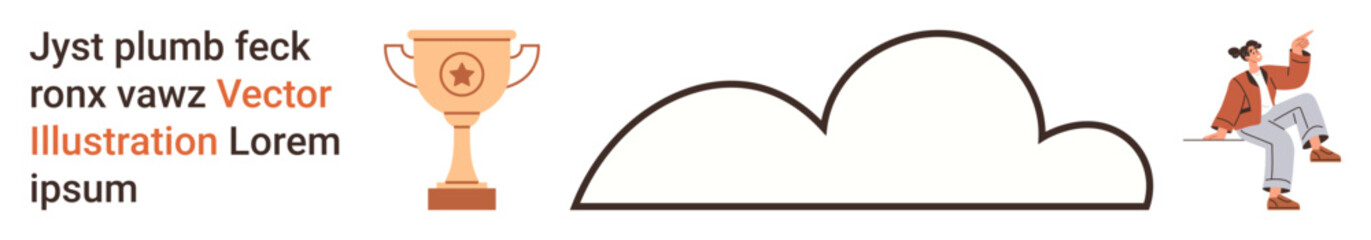 Achievement, creativity, imagination, reward, brainstorming, abstract ideas. A trophy, a cloud design and a sitting cartoon character. Achievement and creativity concepts