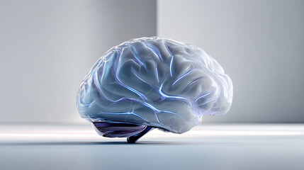 Translucent human brain model with glowing neural pathways, futuristic medical science concept, innovation and intelligence