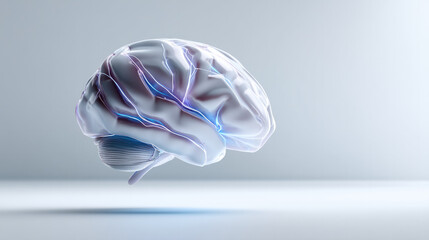 Translucent human brain side view with glowing neural pathways, futuristic medical technology, innovation, and intelligence concept