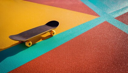 skateboard on court vibrant colorful geometric background with copy space