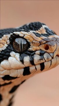 A snake with a black and white striped body and a black and white striped head. The head has a black eye and a black nose
