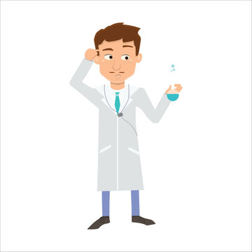Confused doctor scratching his head while looking at a chemical beaker