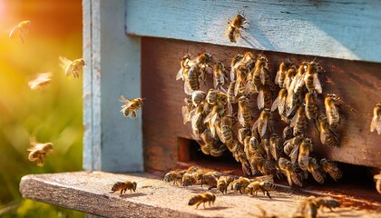 honeybees swarming at hive entrance on a sunny day in the countryside