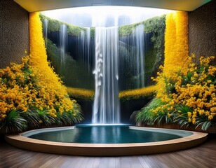 mesmerizing digital waterfall with yellow flowers in immersive display room