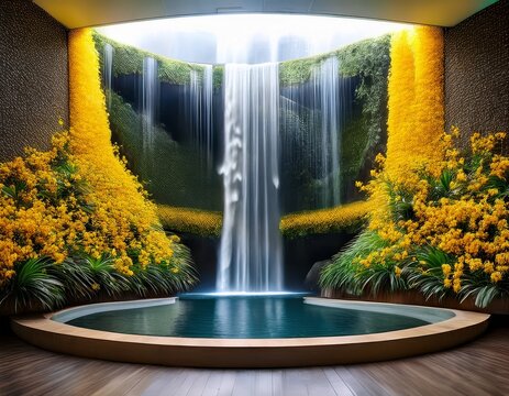 mesmerizing digital waterfall with yellow flowers in immersive display room