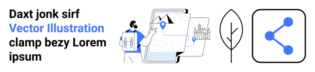 Technology, navigation, sustainability, eco-conscious design, digital media, information sharing. Person pointing to map graphics, nature leaf and share icon. Navigation and sustainability concept