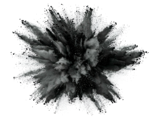 Dynamic burst of dark grey powder, smoke, or dust on a black void