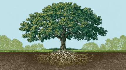 Obraz premium Illustrated Oak Tree With Roots Above Ground And In The Earth Surrounded By Bushes And Clear Blue Sky