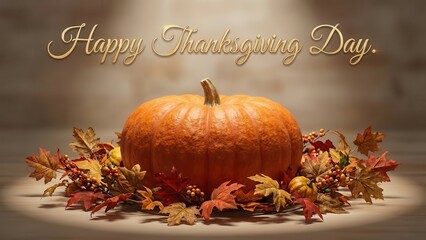 Happy Thanksgiving Day text above pumpkin and colorful autumn leaves on wood background