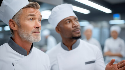 Professional chef teamwork kitchen uniform culinary expertise focus modern restaurant environment