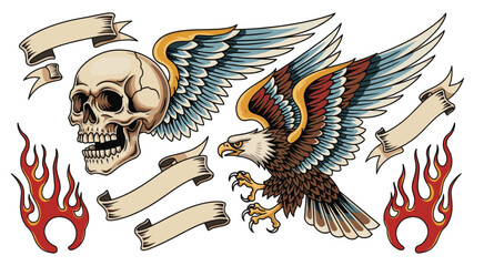 Bold traditional tattoo of a fierce eagle over a winged skull with flames and flowing ribbons. © bow