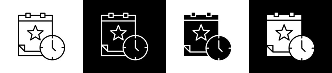 Event icon set in line and glyph style on black and white background