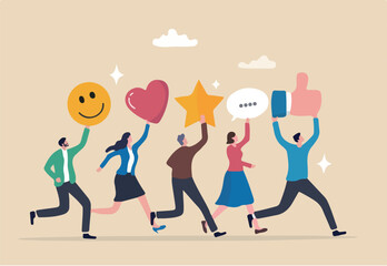 Social media customer feedback review, employee satisfaction, positive feedback on online ranking, giving high score rating, like or happy opinion concept, people carry social feedback elements.