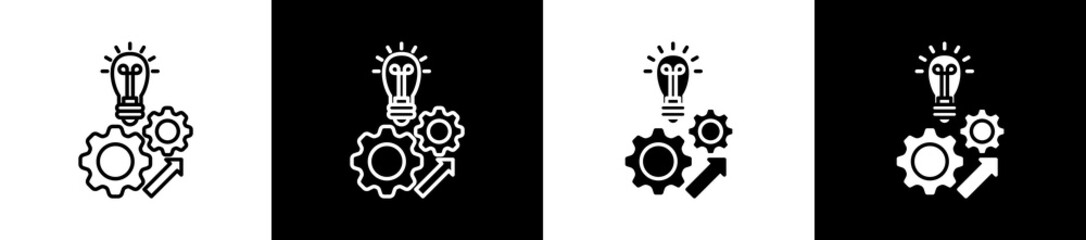 Development icon set in line and glyph style on black and white background