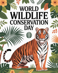 World Wildlife Conservation Day with Tiger and Tropical Leaves Illustration