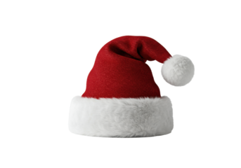 luxurious crimson velvet santa hat with plush white faux fur trim and pom-pom, macro shot, isolated on transparent background, ample copy space. holiday luxury concept
