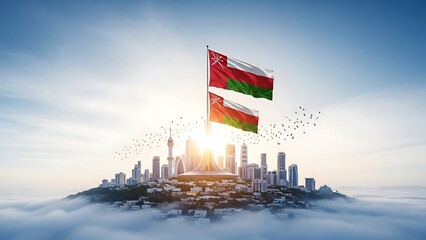 Oman flags fly over misty cityscape at sunrise with birds image