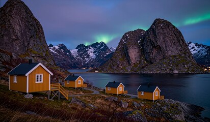 Sunset glow and northern lights illuminate charming cabins in a serene mountain bay