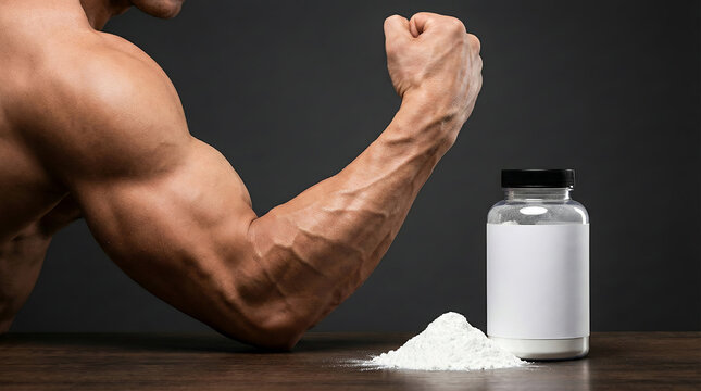 Muscular Arm Flexing with Creatine Bottle and Spilled Powder