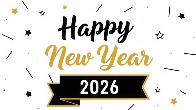 Festive happy new year 2026 greeting with falling confetti and stars celebrating the upcoming year with joy and optimism