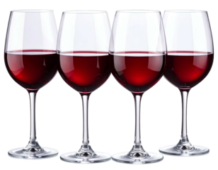 Four clear glasses filled with red liquid on a black background