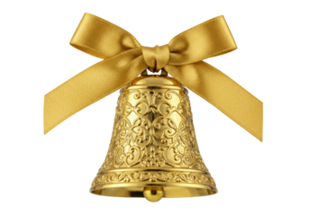 Highly detailed macro shot of a polished deep gold christmas bell with ornate victorian filigree patterns and a brass clapper, sharp focus. concept of festive holiday celebration