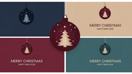 Four Christmas ornaments with trees and text on colored backgrounds holiday celebration
