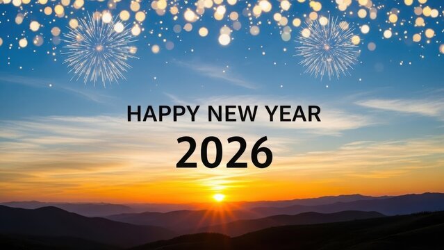 Celebrate the dawn of 2026 with a breathtaking sunset and festive fireworks ushering in a new year of hope and joy