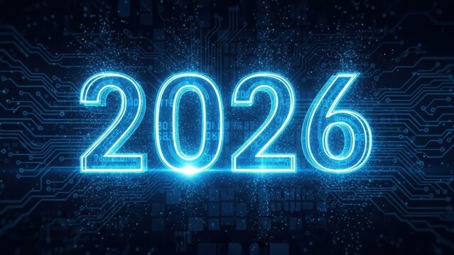 Glowing neon blue 2026 text illuminated against a dark futuristic circuit board background symbolizing the future