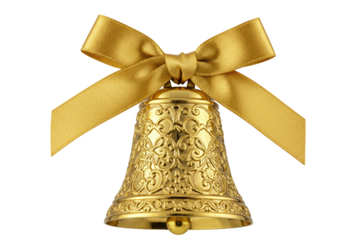 Highly detailed macro shot of a polished deep gold christmas bell with ornate victorian filigree patterns and a brass clapper, sharp focus. concept of festive holiday celebration
