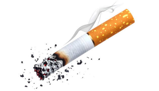 Smoldering cigarette with ash and filter for healthcare awareness campaigns, symbolizing addiction, unhealthy lifestyle choices and the fight against smoking isolated on white or transparent png
